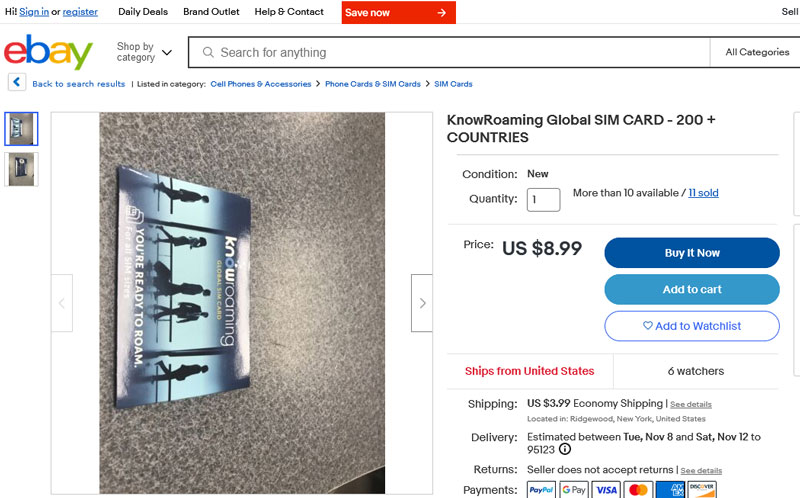 Ebay上的KnowRoaming Global SIM