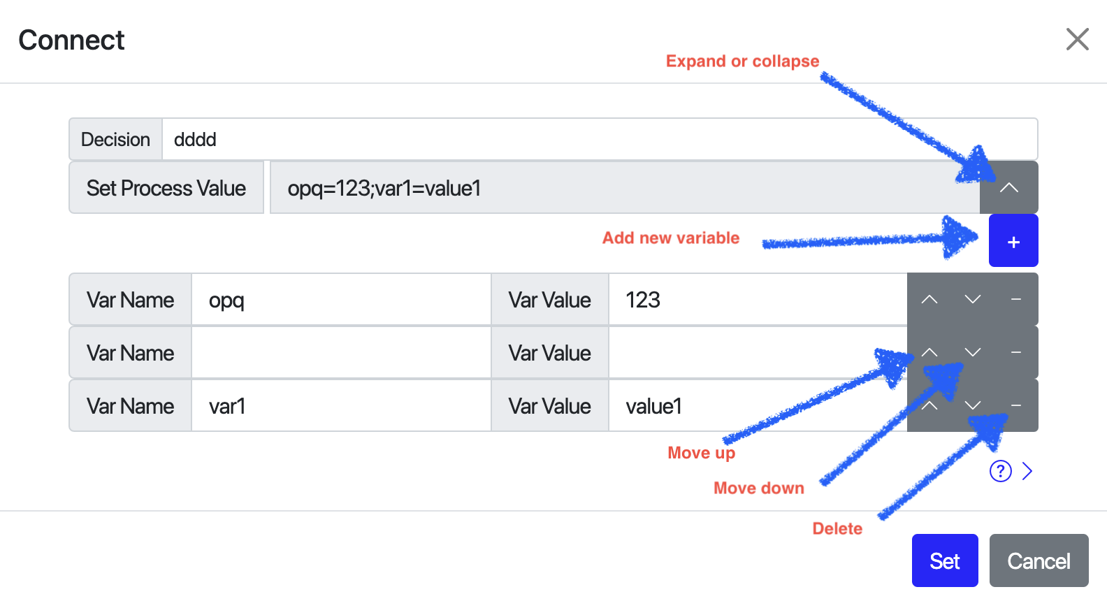 connect set vars
