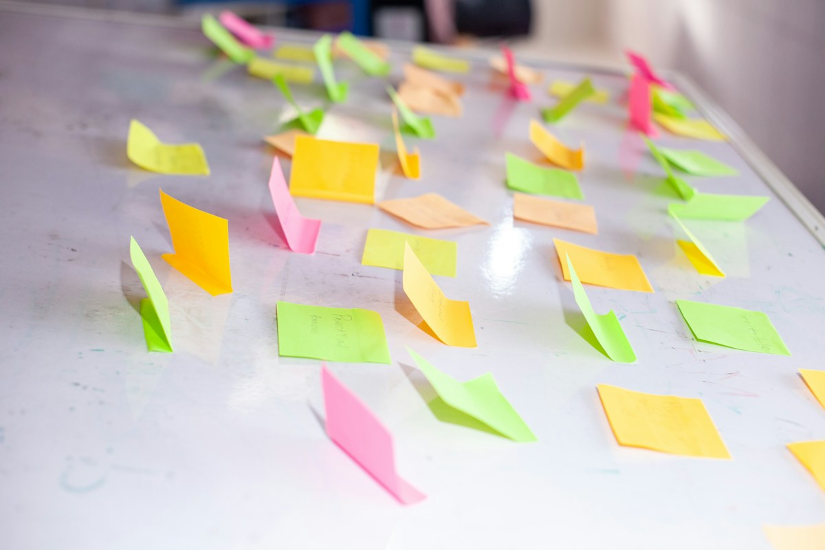 Colourful sticky notes in yellow, green, pink and orange spread across a white planning whiteboard