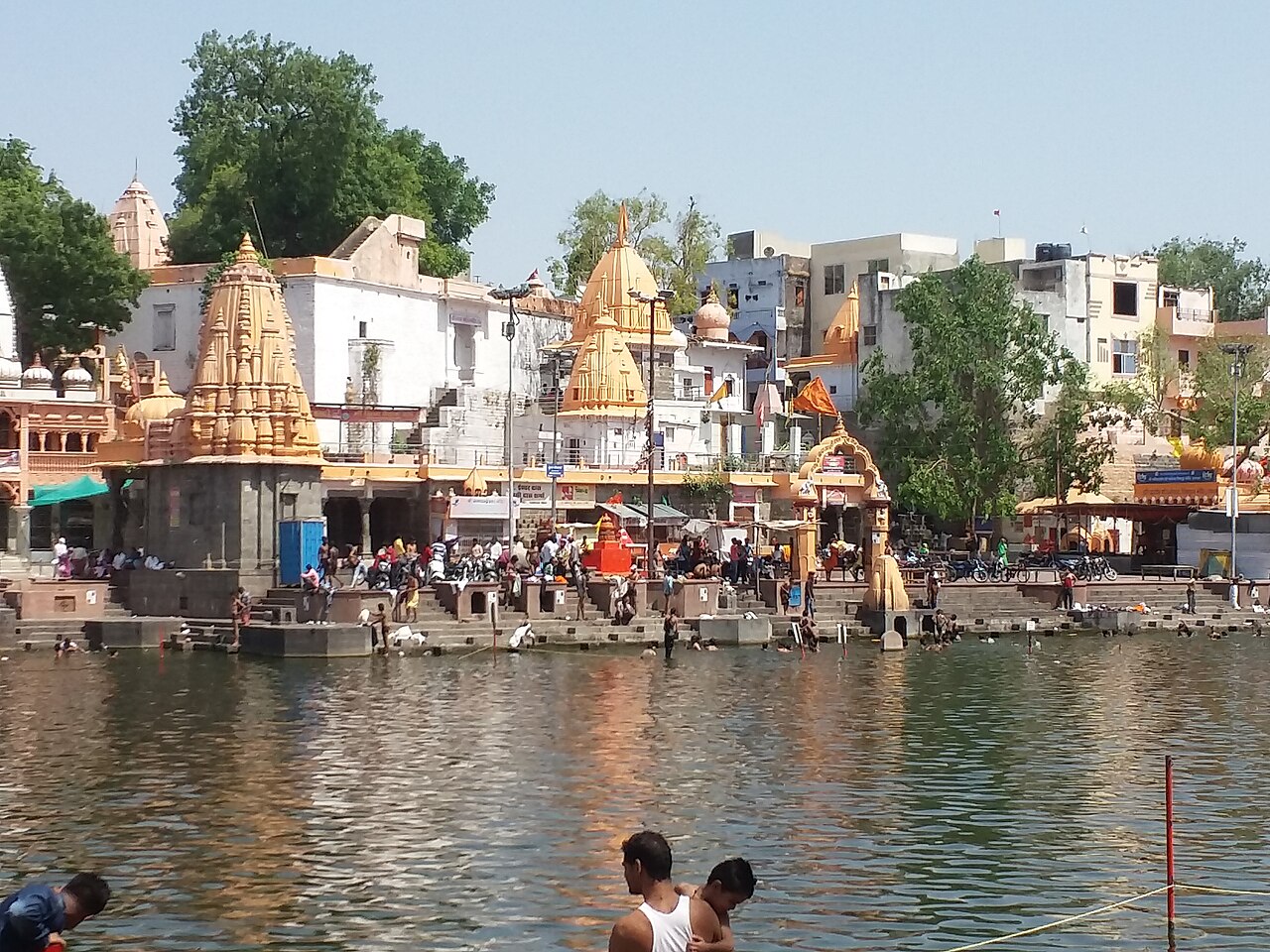 Temples and bathing steps on the Shipra River ghats in Ujjain