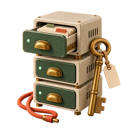 A small server made of filing drawers, with a brass key.