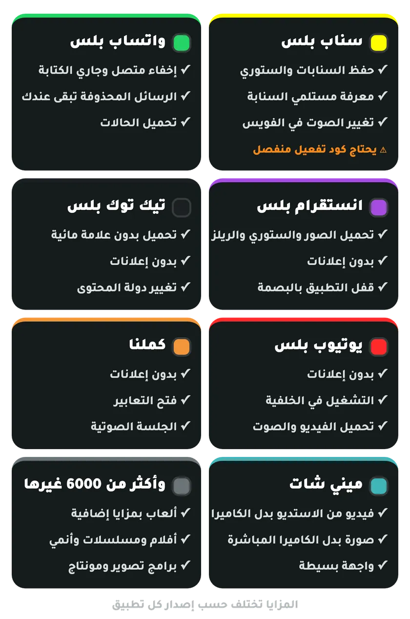 مميزات سناب بلس وواتساب بلس وانستقرام بلس وتيك توك بلس ويوتيوب بلس وكملنا وميني شات للايفون