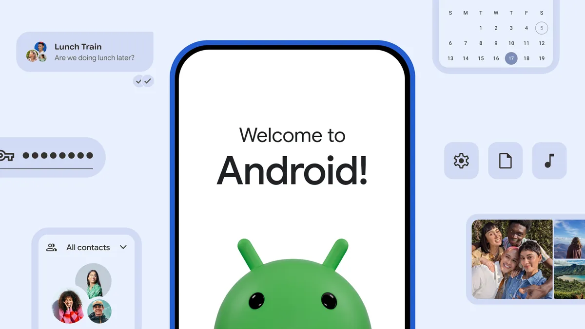 Android 官方換機示意圖，手機上顯示 Welcome to Android