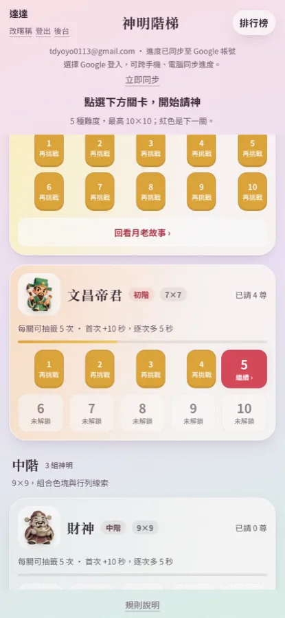 拜請眾神明的神明階梯選關畫面：20 尊神明各有 10 關，分成入門到挑戰五種難度