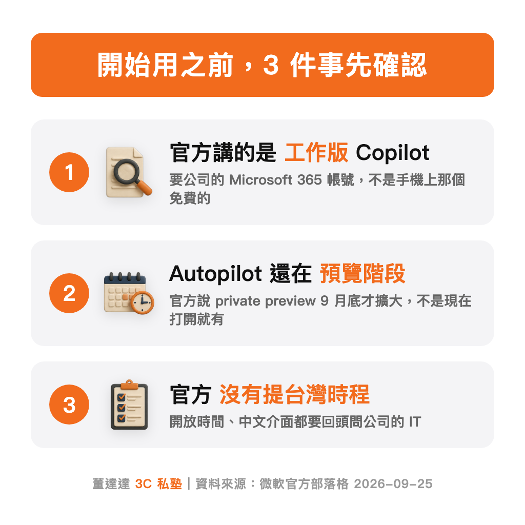 Copilot 改版開始用之前 3 件事先確認:工作版帳號、Autopilot 仍在預覽、官方未提台灣時程