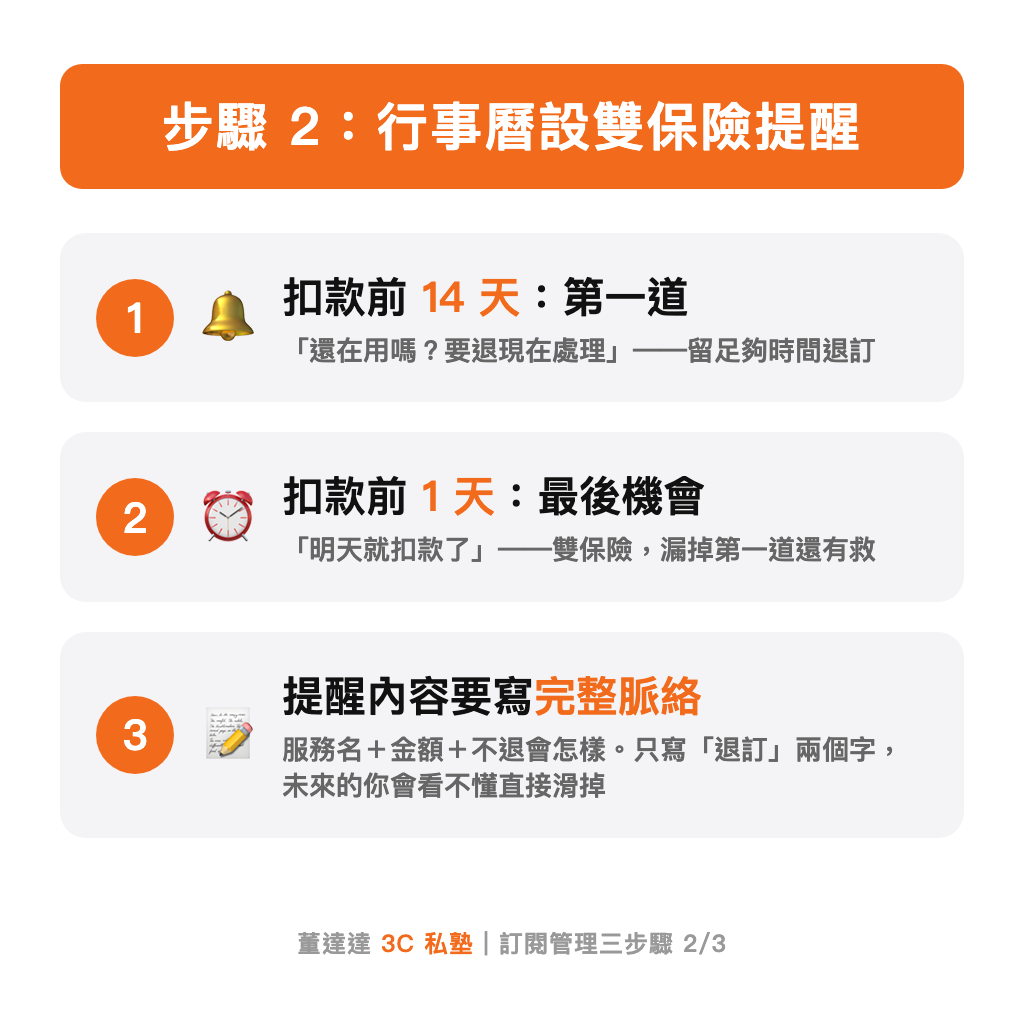 步驟 2：前 14 天＋前 1 天雙保險，提醒要寫完整脈絡