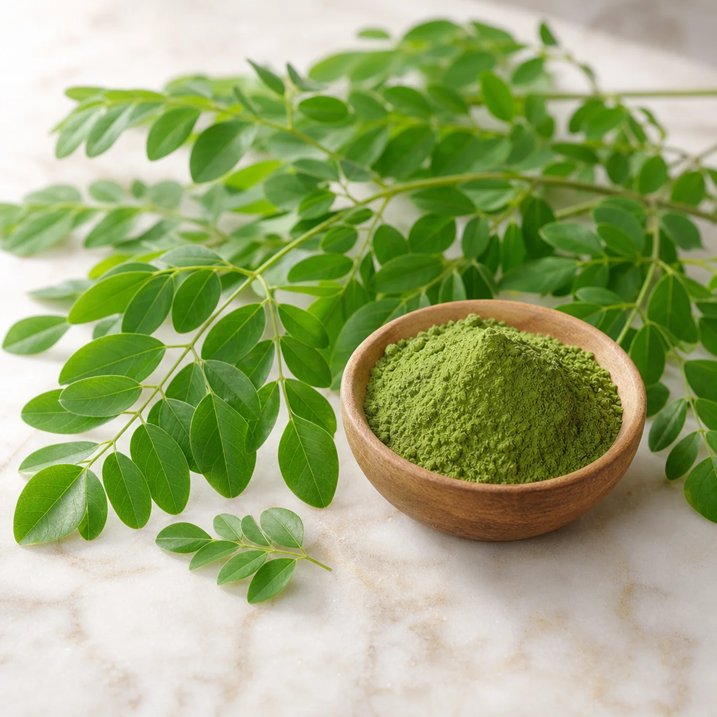 Daun moringa segar dan serbuk moringa