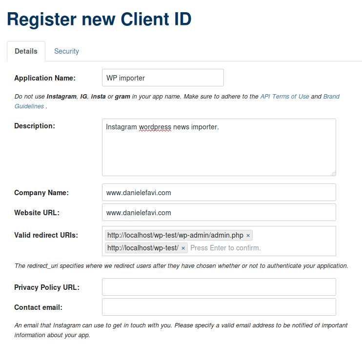 WP Social Importer - Instagram register app