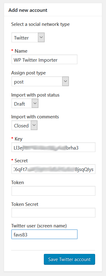WP Social Post Importer - Twitter account