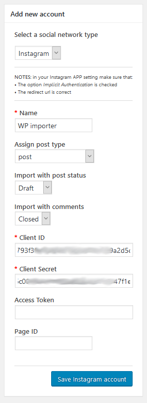 WP Social Importer - Instagram new account