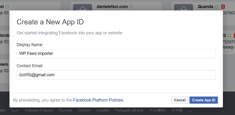 WP Social Importer - Facebook Create new app