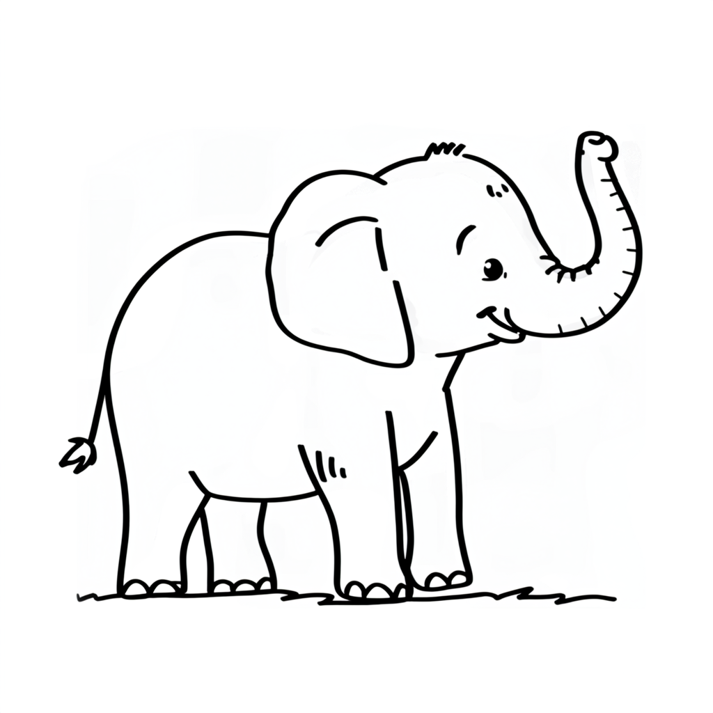 Hand-Drawn Minimalist Elephant Line Art with Raised Trunk