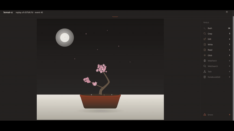 bonsai-cc demo: a sakura grows in real time as Claude Code runs Bash, Edit, Read, Grep tool calls — sidebar tally on the right