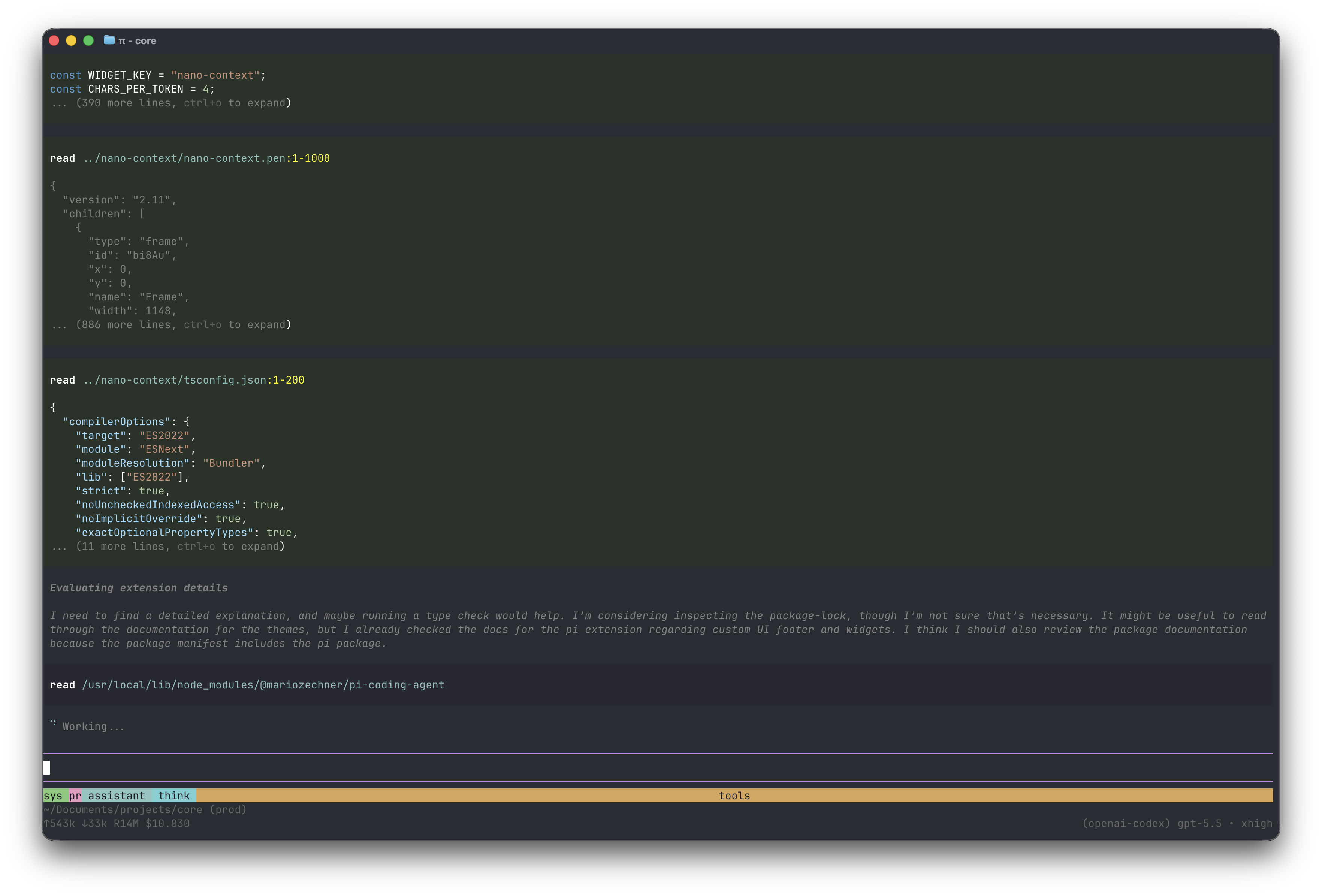 pi session with nano-context under the editor
