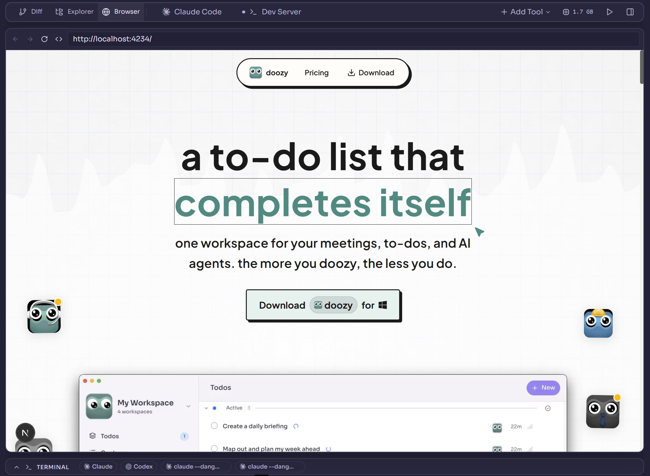 Built-in browser tab previewing a local dev server