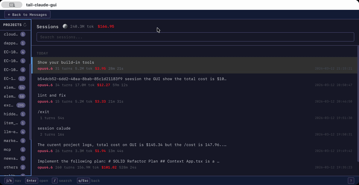 Claude Code Trace desktop app showing Claude Code JSONL session logs, messages, and expandable tool calls