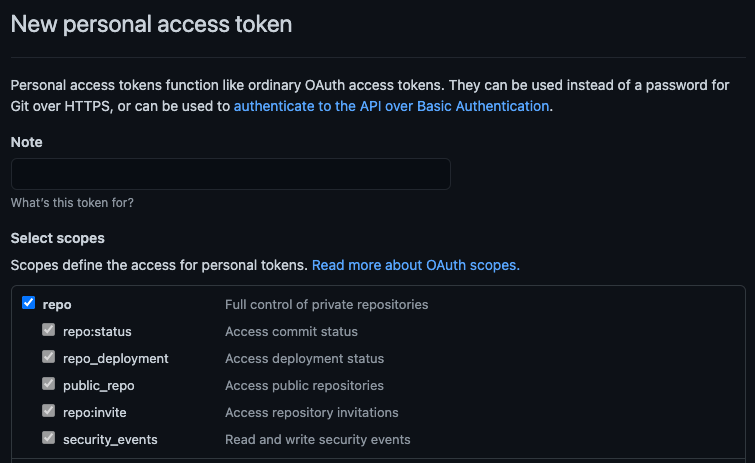 Creating a new personal access token on GitHub