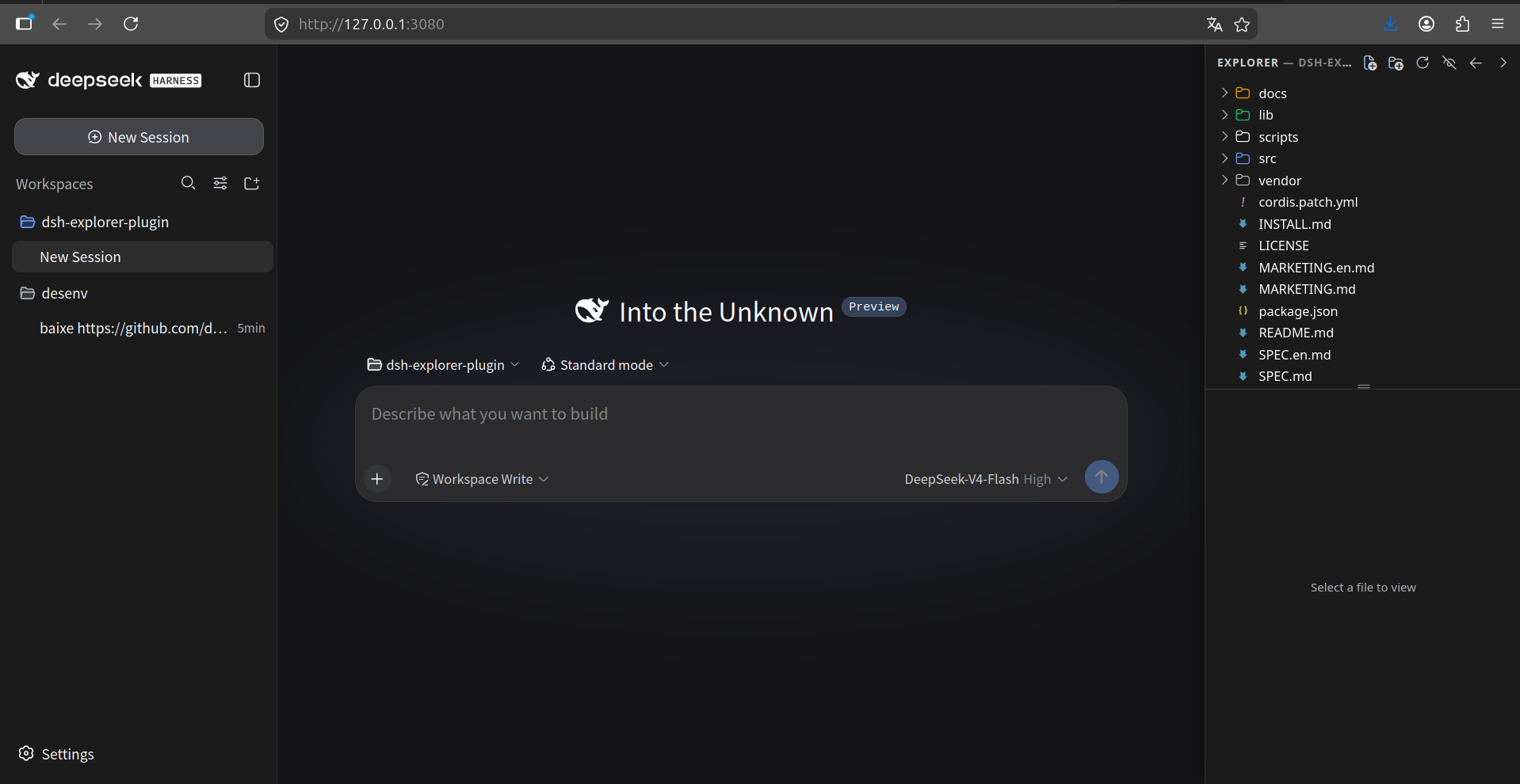 dsh-explorer-plugin instalado na GUI do DSH — painel File Explorer em uso