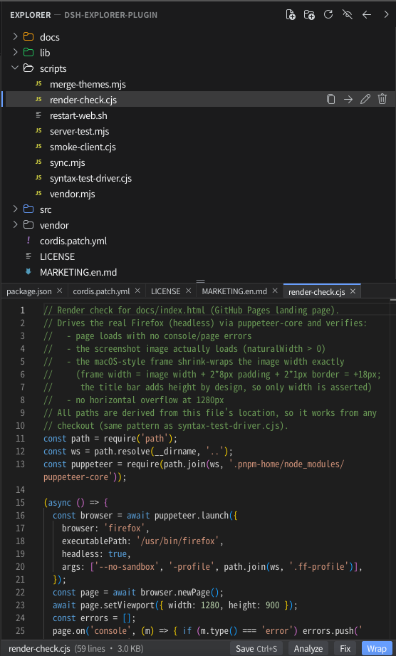 Screenshot do painel File Explorer + editor Monaco com coloração TextMate, encaixado na GUI web do DSH