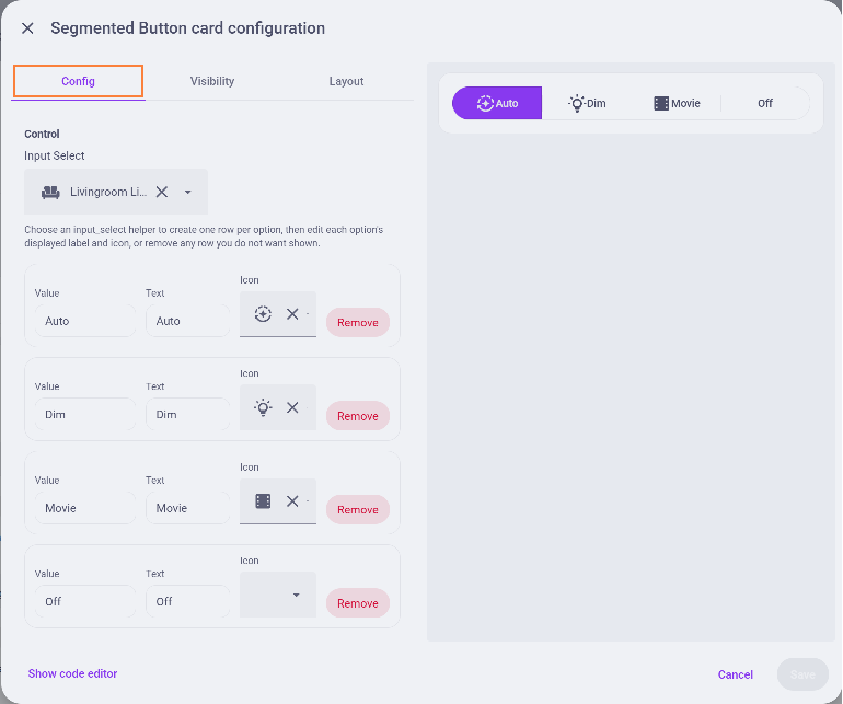 Segmented Button Card configuration editor