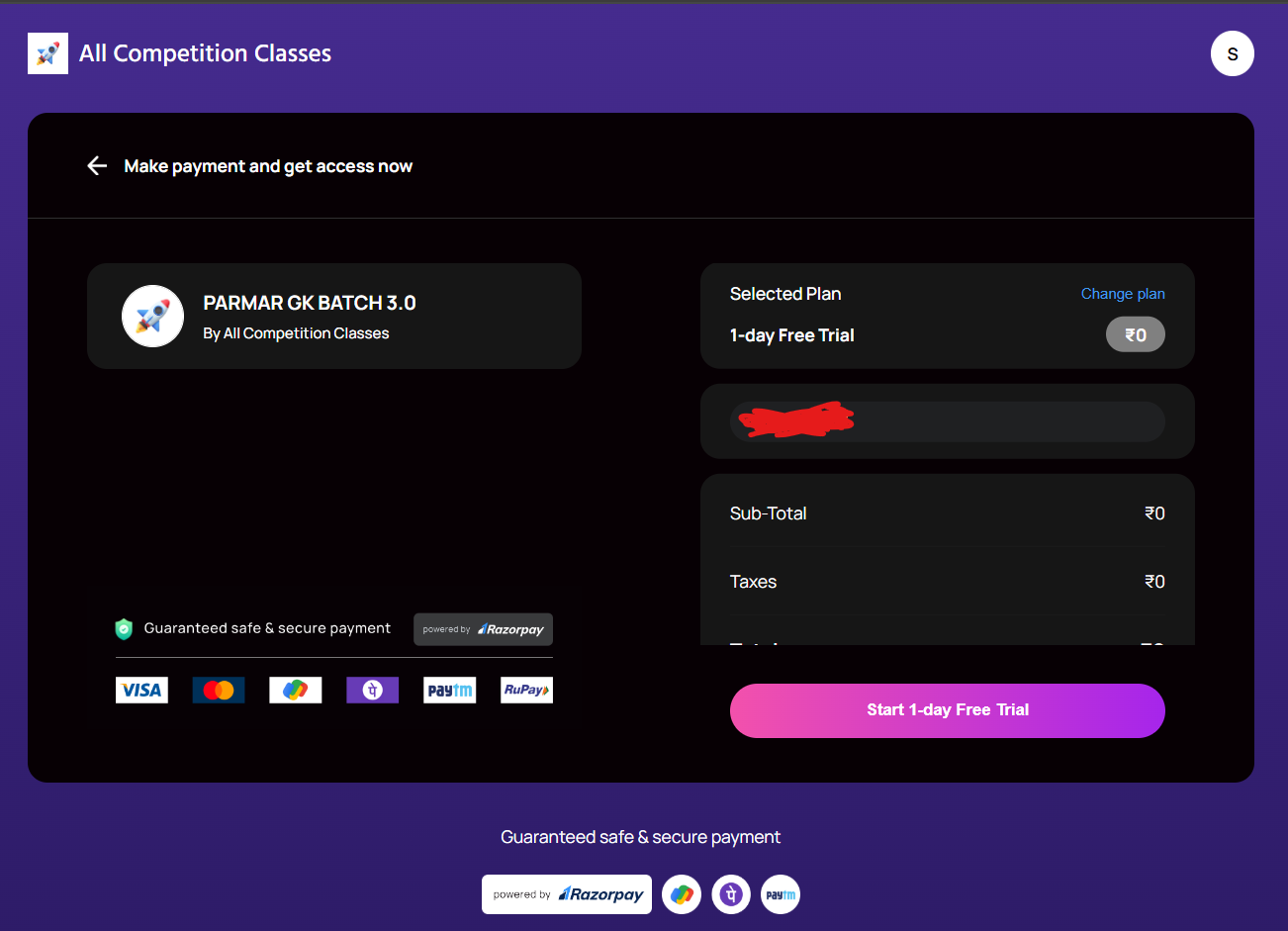 Payment options screen