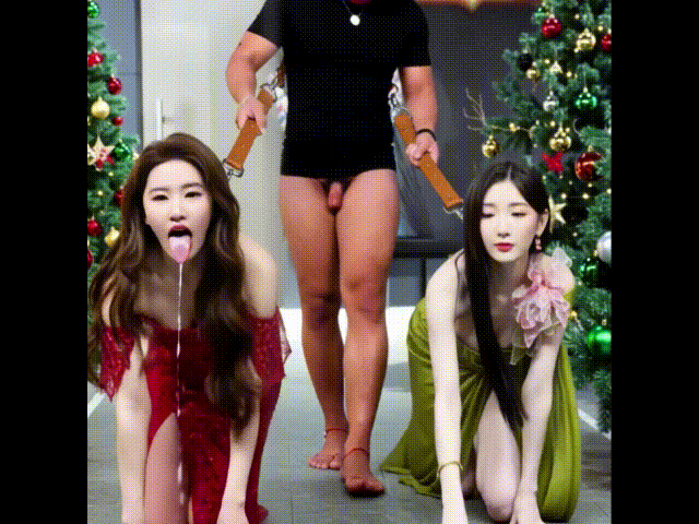 【AI明星脱衣】✨圣诞系列✨带女明星遛街（双人遛狗）女星是母狗！