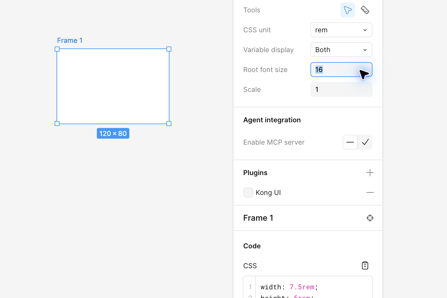 Shows units and root font size settings in preferences.