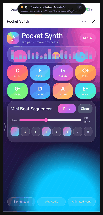 MobileClaw creates and runs an interactive Pocket Synth MiniAPP