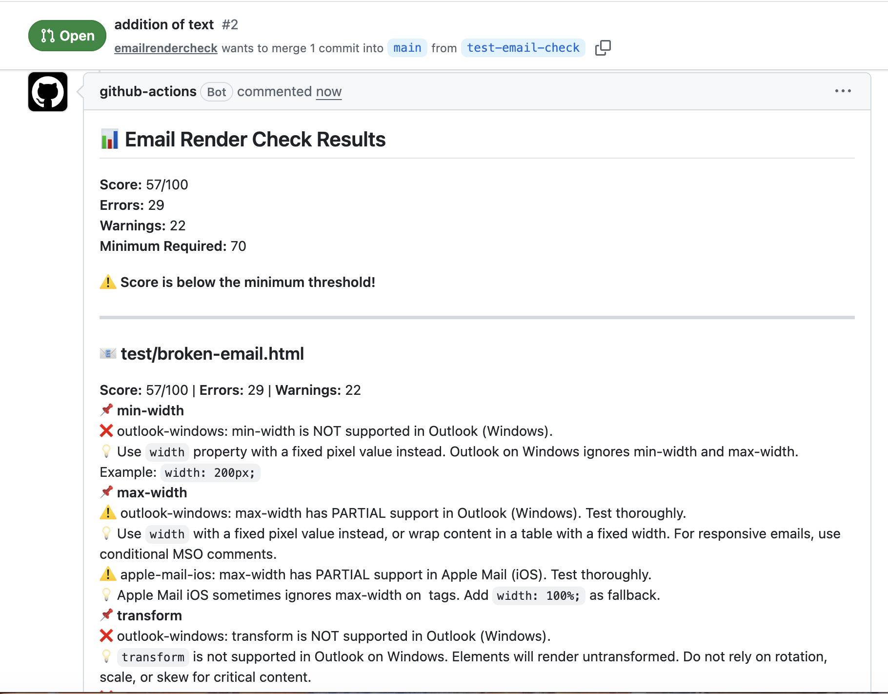 PR comment showing email render check results