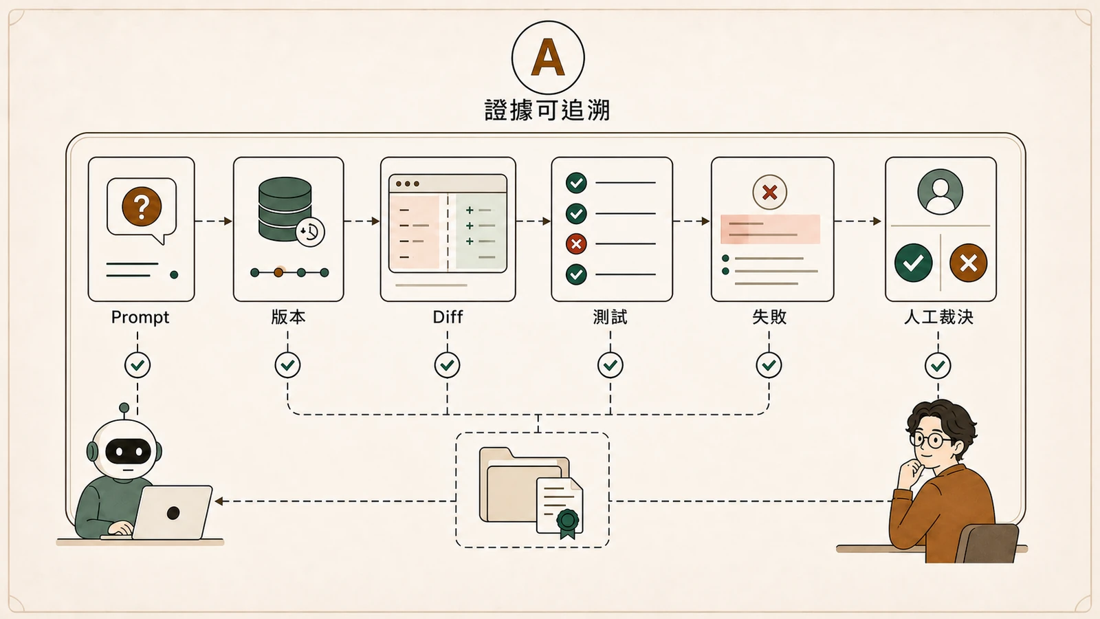 AI Agent 提交包含 Prompt、版本、程式碼差異、測試與失敗紀錄的證據鏈,最後由工程師選擇接受或拒絕結果