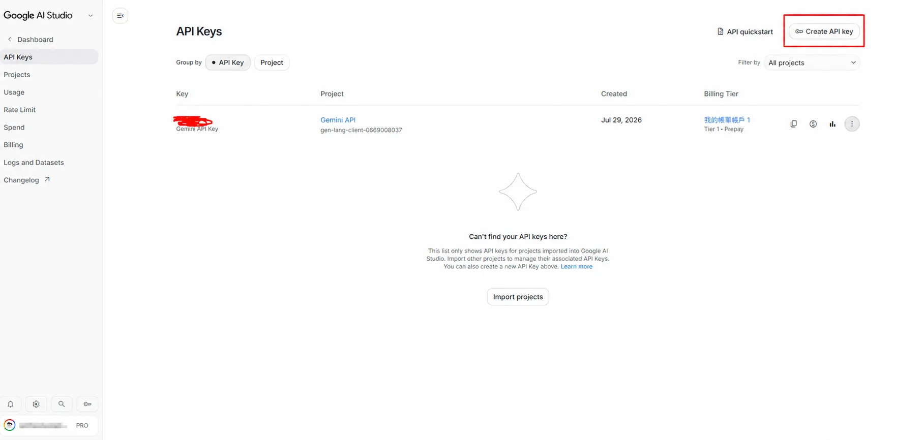 Google AI Studio 建立 Gemini API Key
