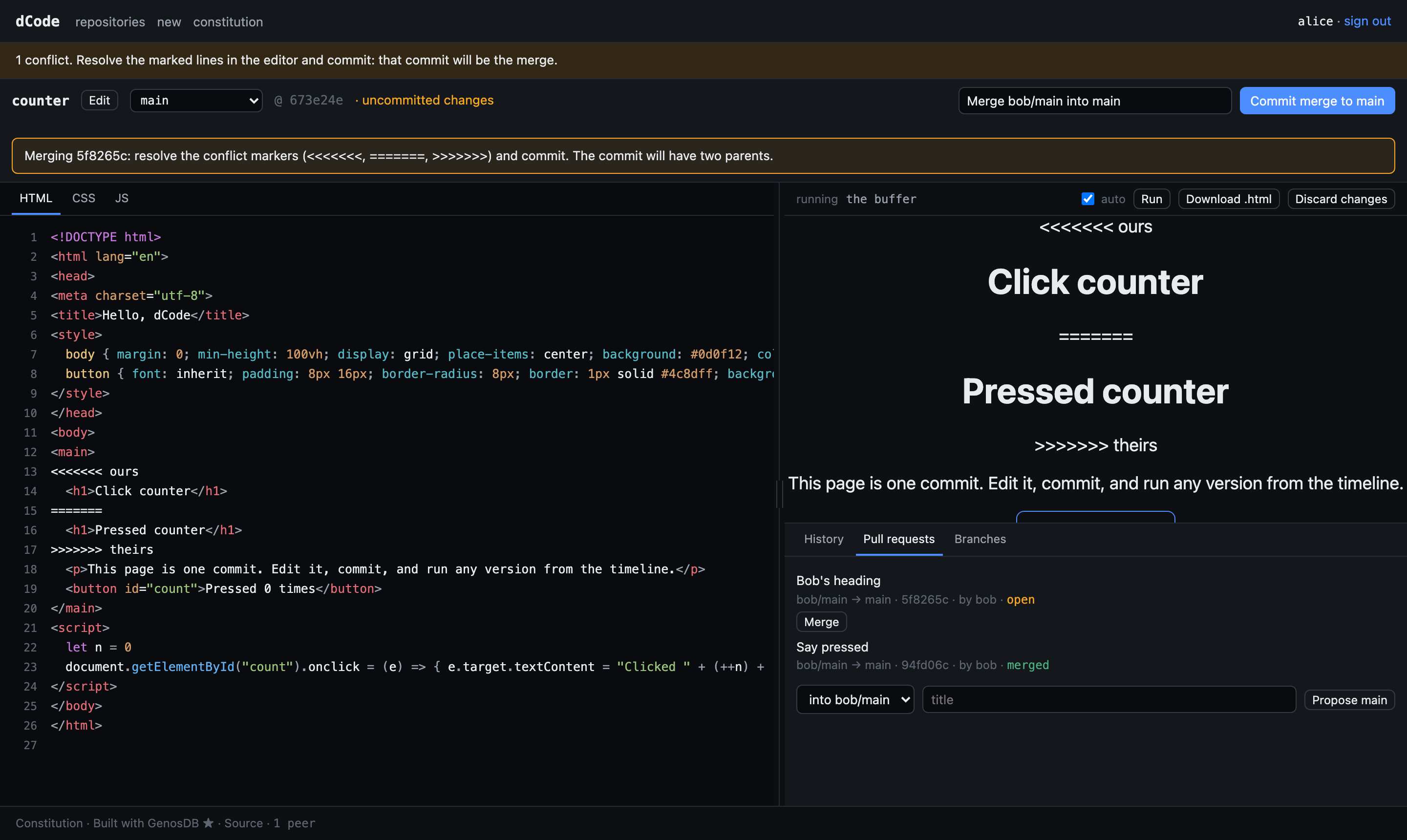 A conflict in the shared buffer: the conflict markers around two versions of the heading, the merge banner above the editor, and the merge message prefilled.