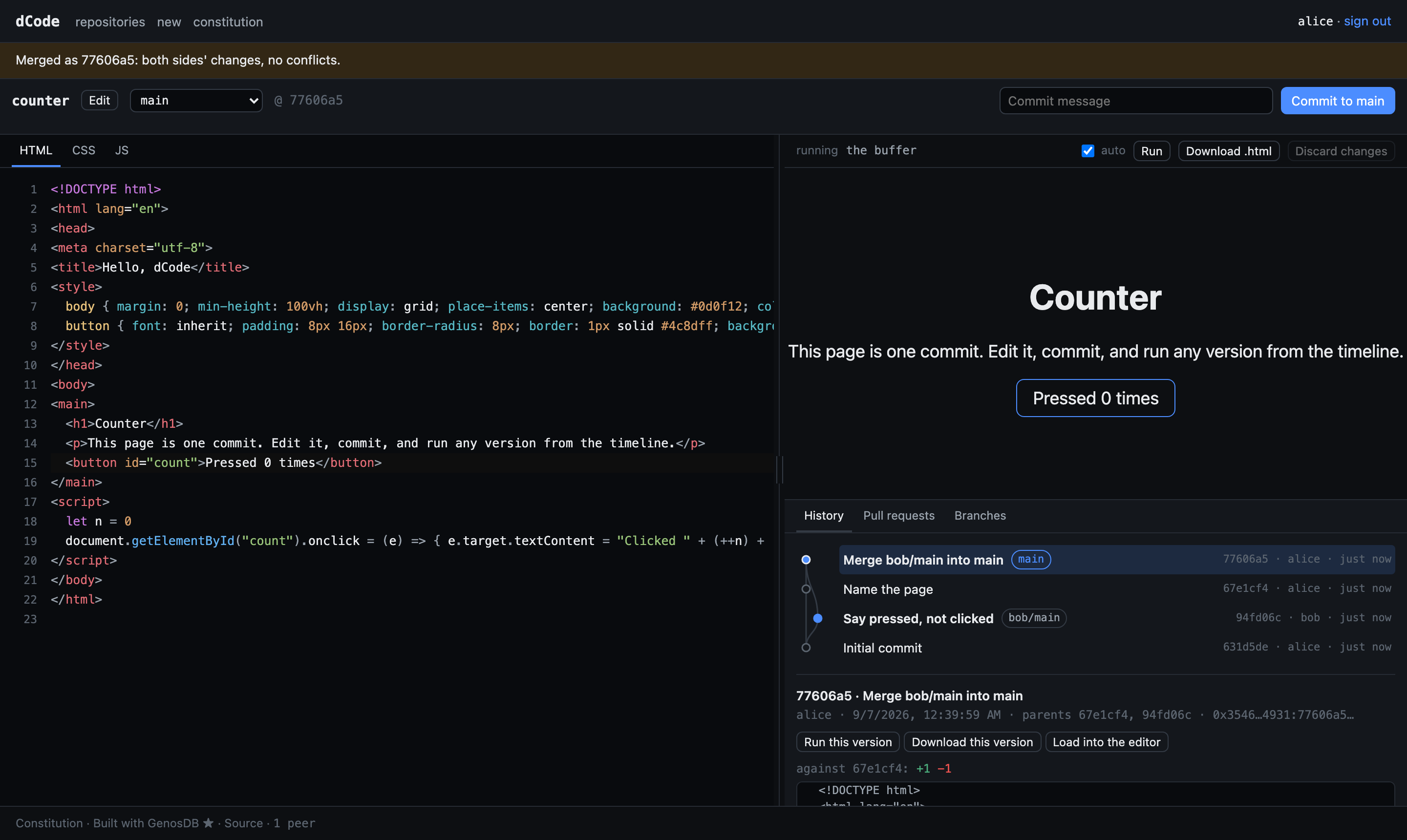 The History tab after the merges: the commit graph with two lanes, main and bob/main, the merge commit joining them, the chips showing which branch sits on which commit, and the diff of the selected commit.