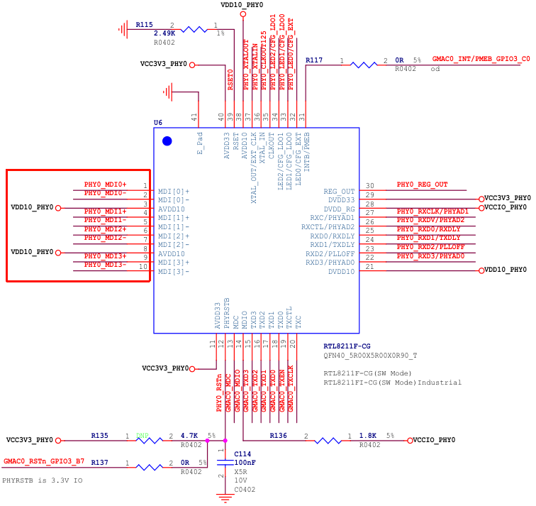 RTL8211 通过 MDI 接口与 RJ45 插座相连