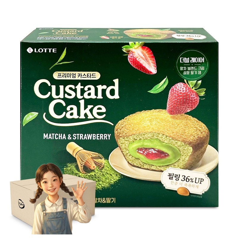 롯데 프리미엄 카스타드 케익 말차엔 딸기맛 288g 1박스-8개 더블 레이어 카스타드 케익