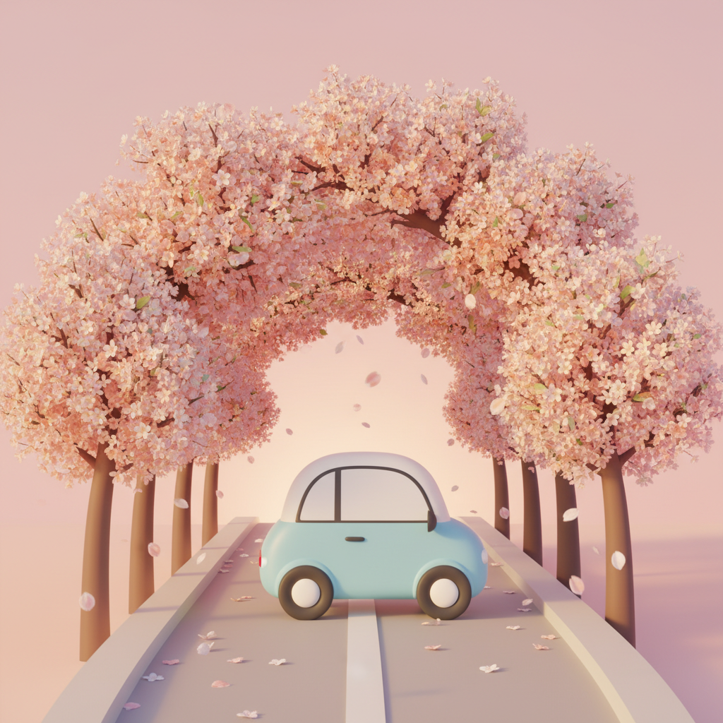 봄 벚꽃 길을 달리는 차 안에서 카플레이로 음악을 즐기는 커플의 스마트 드라이브 장면