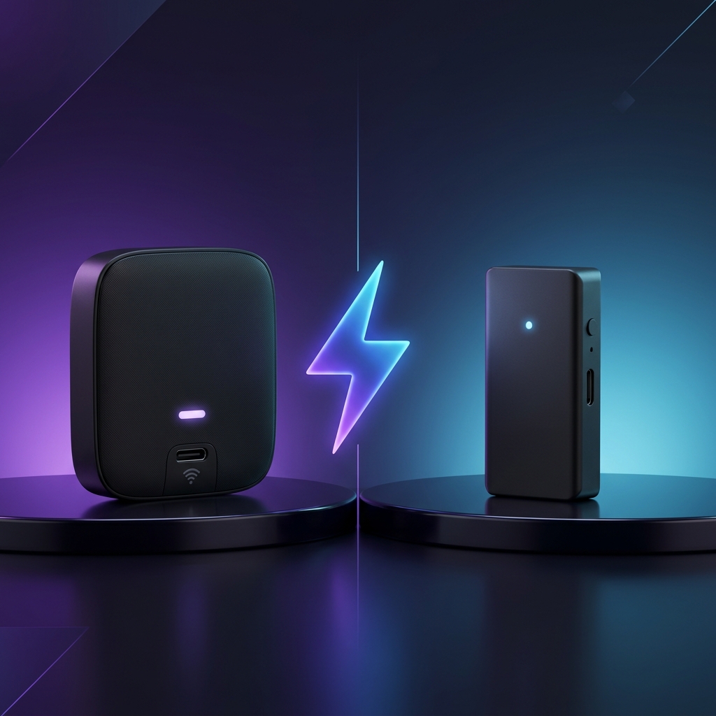 카린킷 5.0과 AA워리스 무선 카플레이 어댑터 두 제품 3D 대결 비교 렌더링, 번개 이펙트 퍼플 블루 배경