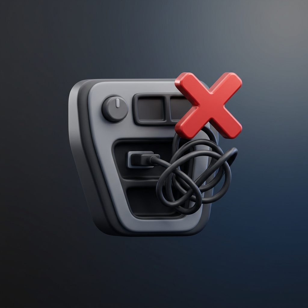 차량 USB 포트에 엉킨 케이블과 빨간 X 표시로 유선 카플레이의 불편함을 표현한 3D 미니멀 아이콘