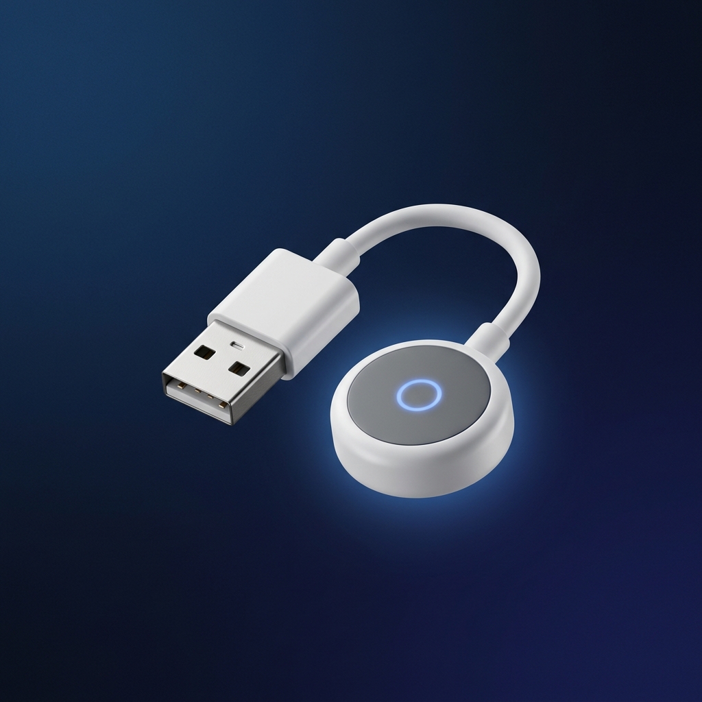 무선 카플레이 어댑터 USB 동글과 흰색 원형 수신기, 파란 글로우 효과의 프리미엄 3D 렌더링