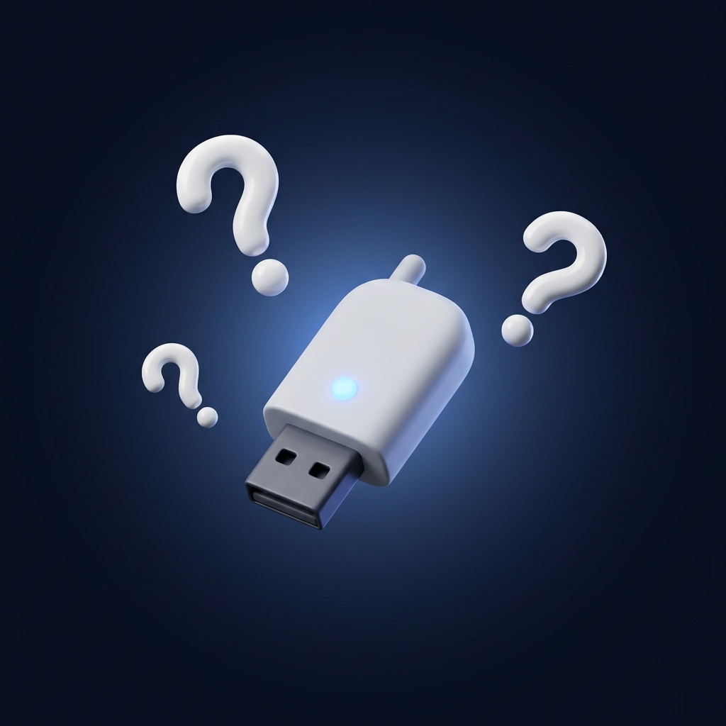 무선 카플레이 어댑터 USB 동글 주변으로 흰색 물음표가 떠 있는 3D FAQ 섹션 아이콘, 다크 블루 배경