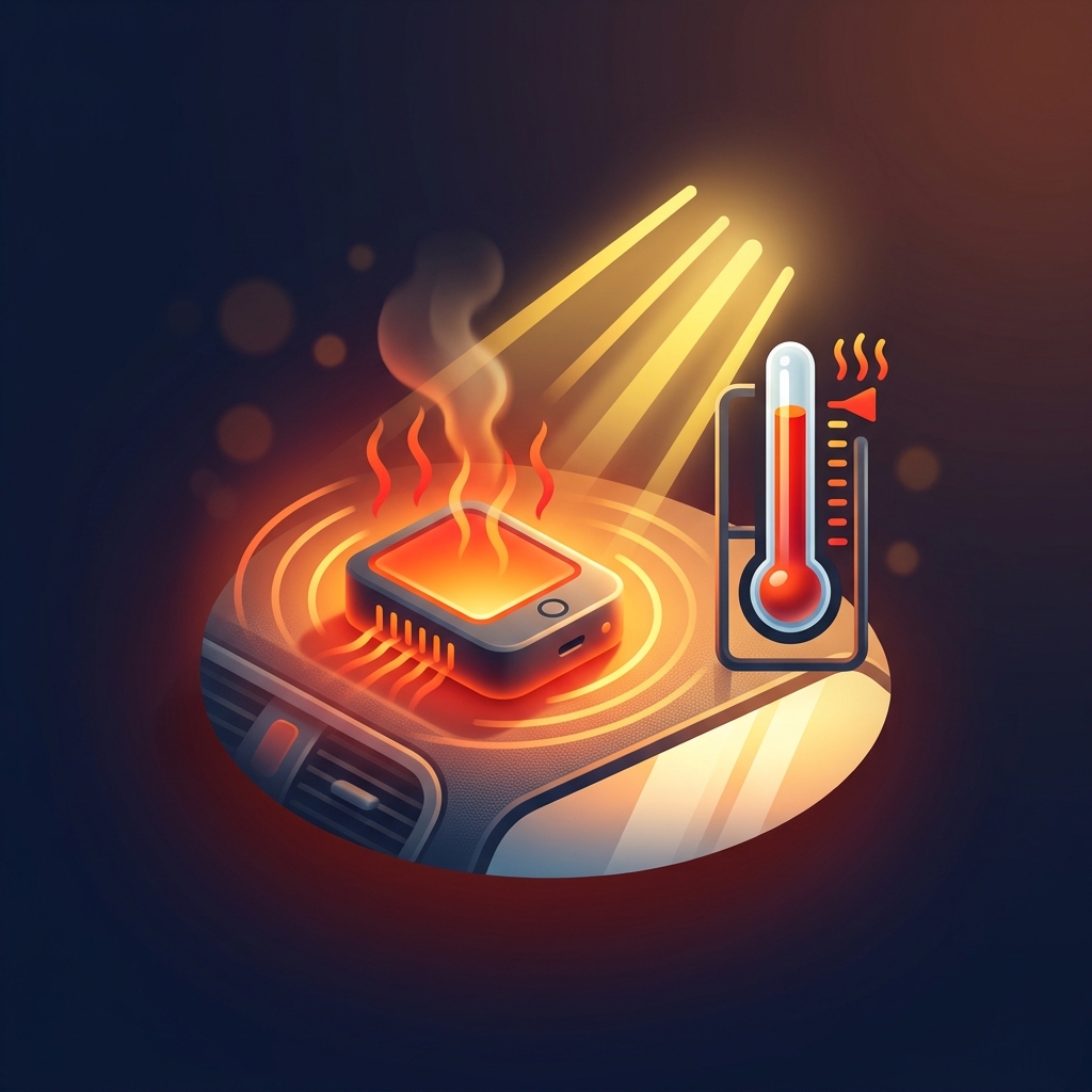 여름 차량 내부 고온에서 무선 카플레이 어댑터가 과열되는 상황, 온도계와 빨간 열기가 표현된 3D 경고 아이콘