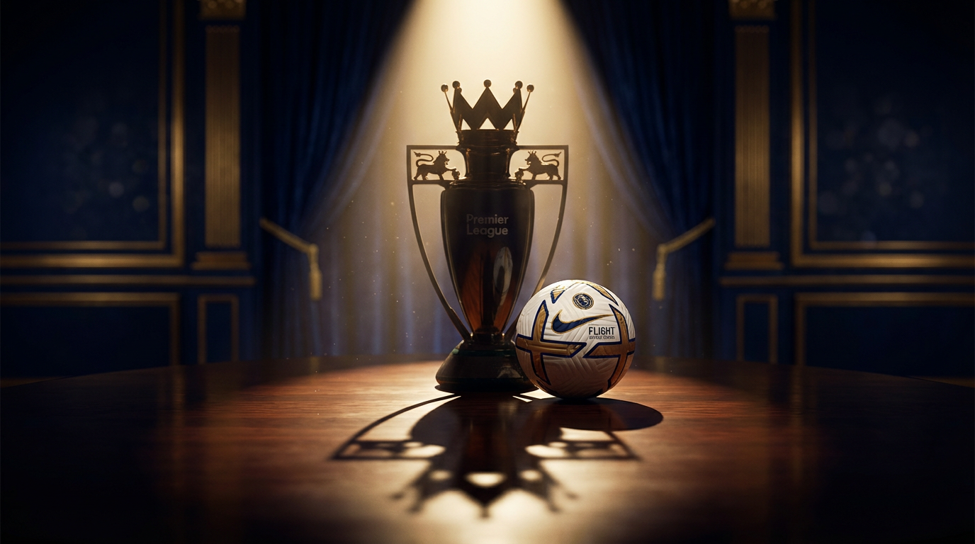 프리미어리그 트로피와 공이 놓인 프리미어리그 이적시장 분위기를 연출한 고화질 에디토리얼 이미지