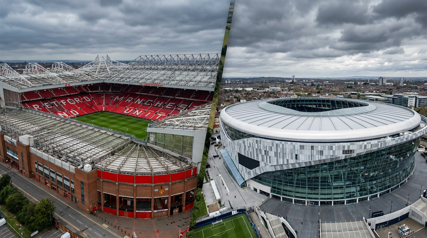 맨체스터 유나이티드 올드 트래포드와 토트넘 홋스퍼 스타디움을 한 화면에 담은 에디토리얼 비교 이미지