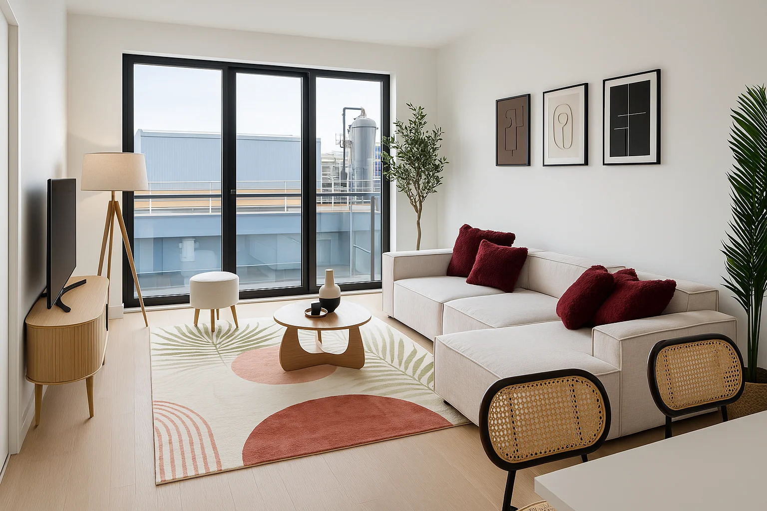 Sala con diseño industrial y detalles de madera
