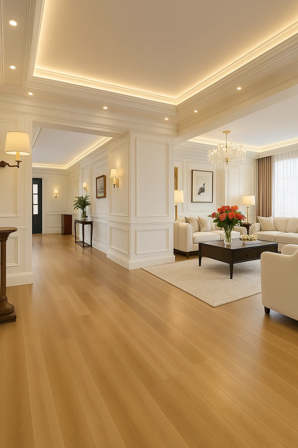 Sala elegante con luz natural y acabados de madera