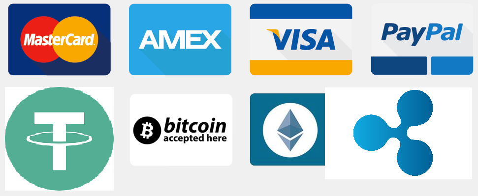MasterCard Amex Visa Paypal Tether Bitcoin Ethereum Ripple Payment Accepted