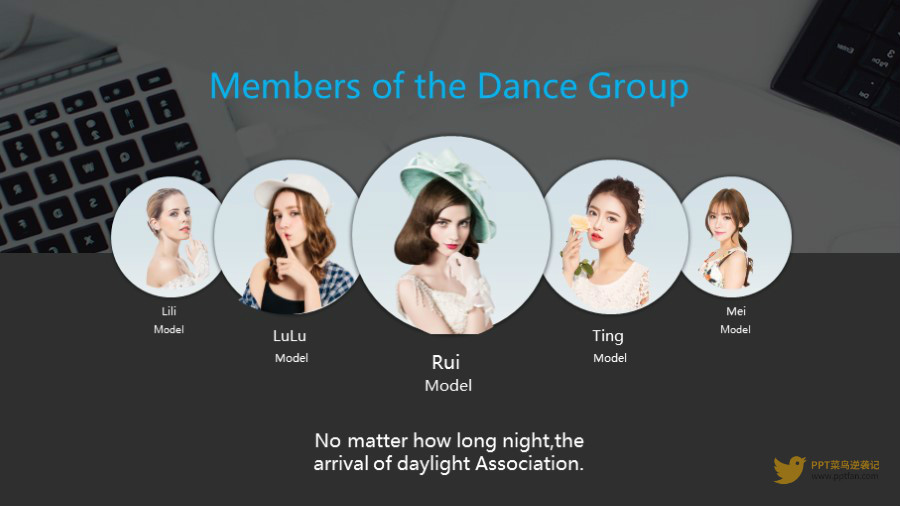 5人圆形大小分布横向排列团队介绍ppt模板