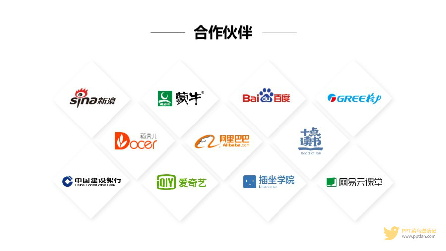 白色背景彩色logo3x4列菱形合作客户logo墙