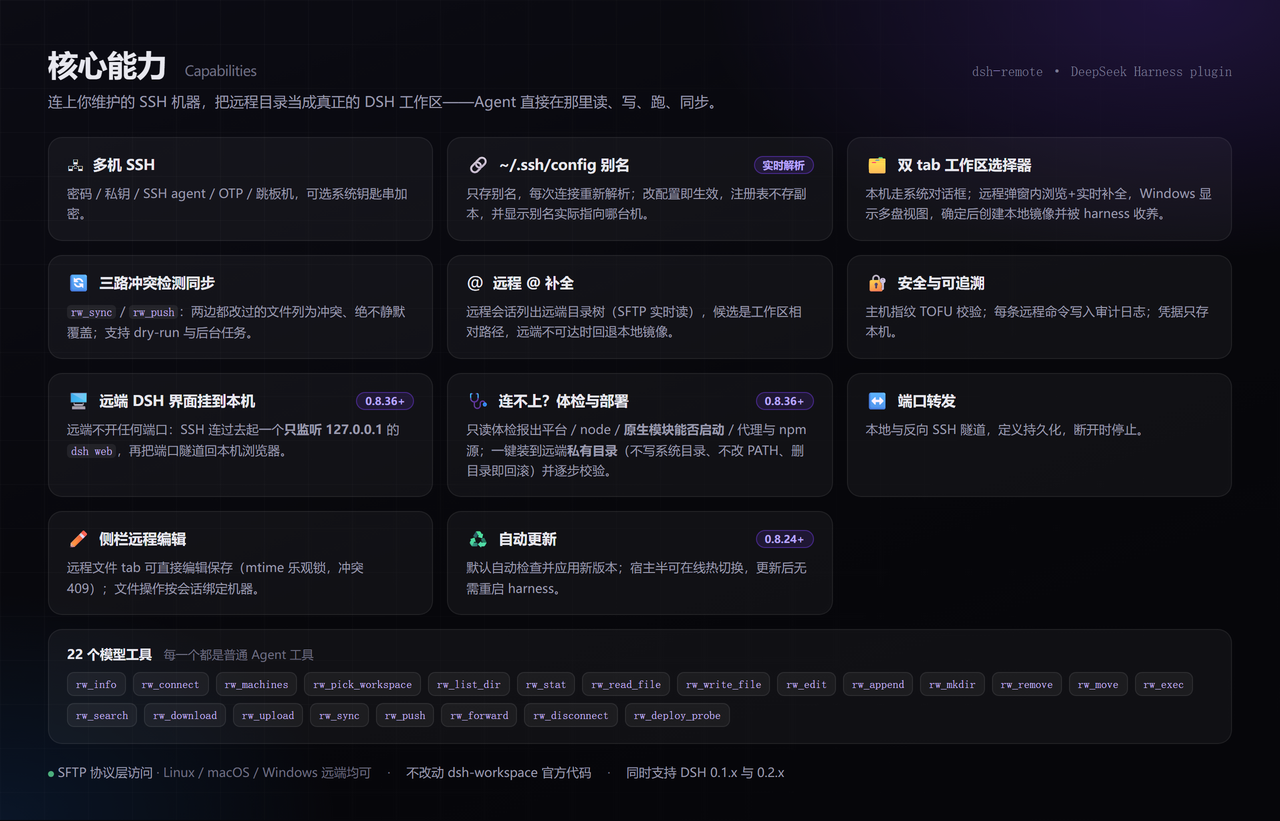 核心能力总览 — 多机 SSH / 别名实时解析 / 双 tab 选择器 / 三路同步 / 远程 @ 补全 / 远端 DSH 界面挂到本机 / 体检与一键部署 / 安全审计 / 端口转发 / 侧栏编辑 / 自动更新，以及 22 个 rw_* 工具