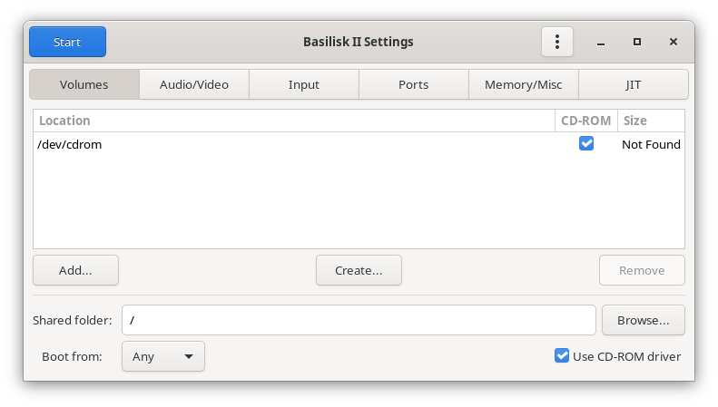 Basilisk II's main GUI, now ported to full Gtk3